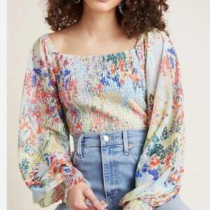 Anthropologie Smocked Floral Rouen Blouse Size XS